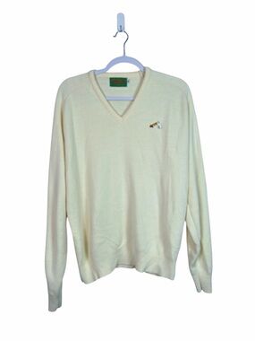 Vintage Game Day Nipper Dog Gramophone Sweater XL Made in USA Ivory V-Neck